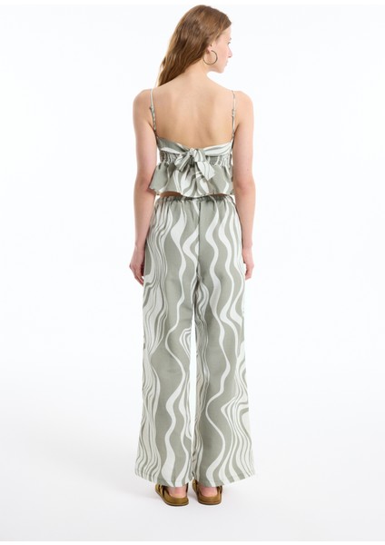 Boncuk Askılı Gipeli Crop Keten Bluz Haki