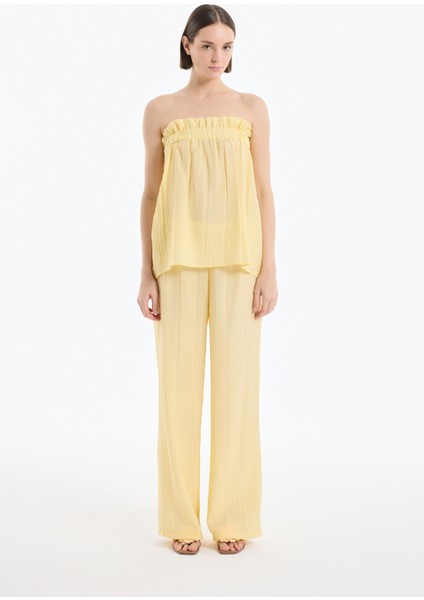 Gofre Kumaş Fırfırlı Straplez Bluz Sarı