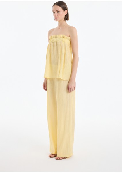 Gofre Kumaş Fırfırlı Straplez Bluz Sarı