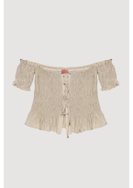 Kuş Gözü Bağlamalı Düşük Omuz Bluz Bej