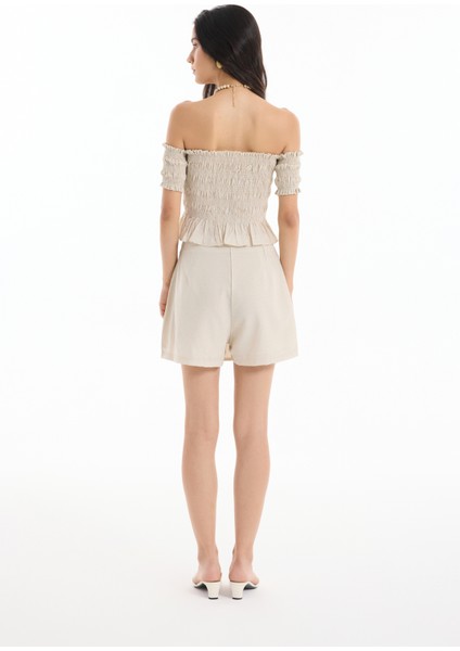 Kuş Gözü Bağlamalı Düşük Omuz Bluz Bej