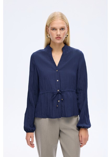Buruşuk Dokulu Beli Bağcıklı Düğmeli Gömlek Lacivert fiyatları
