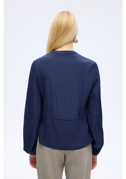 Buruşuk Dokulu Beli Bağcıklı Düğmeli Gömlek Lacivert