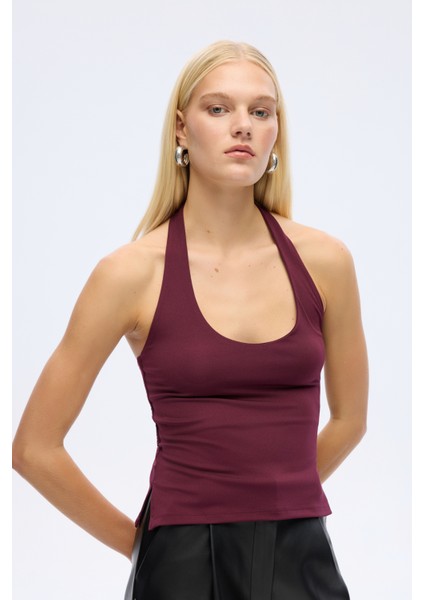 Sırt Dekolteli Halter Yaka Basic Atlet Mürdüm fiyatları