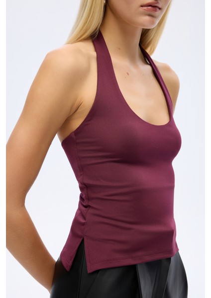 Sırt Dekolteli Halter Yaka Basic Atlet Mürdüm fırsatları