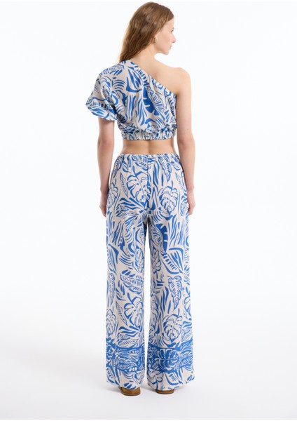 Tropik Desenli Tek Omuz Crop Bluz Mavi