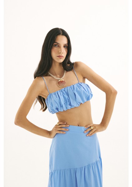 Ince Askılı Balon Büstiyer Bluz Mavi