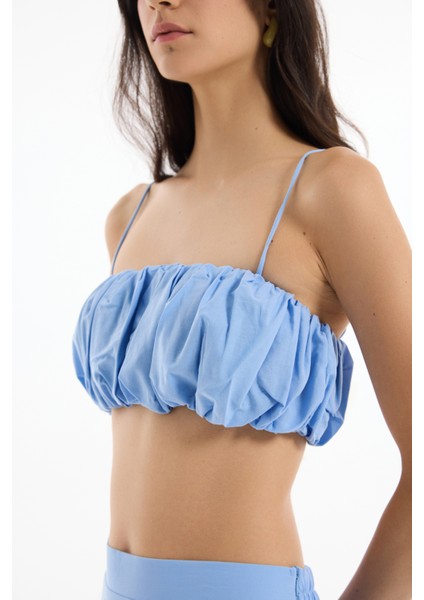 Ince Askılı Balon Büstiyer Bluz Mavi