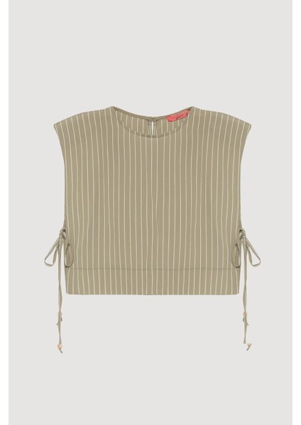 Yanları Bağlamalı Çizgili Vatkalı Bluz Haki