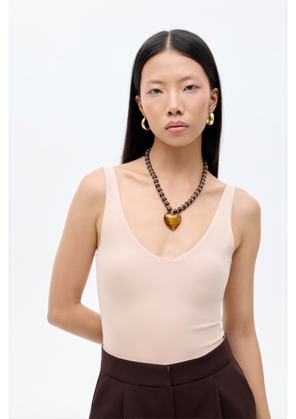 V Yaka Basic Bodysuit Bej