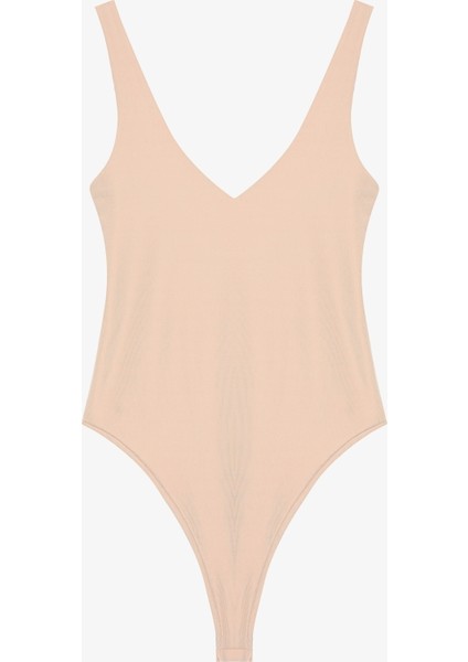 V Yaka Basic Bodysuit Bej