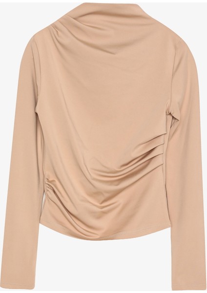 Drapeli Yüksek Yaka Uzun Kollu Basic Bluz Bej modelleri