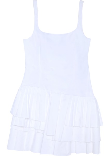 Kesik Detaylı Pileli Asimetrik Mini Elbise Beyaz