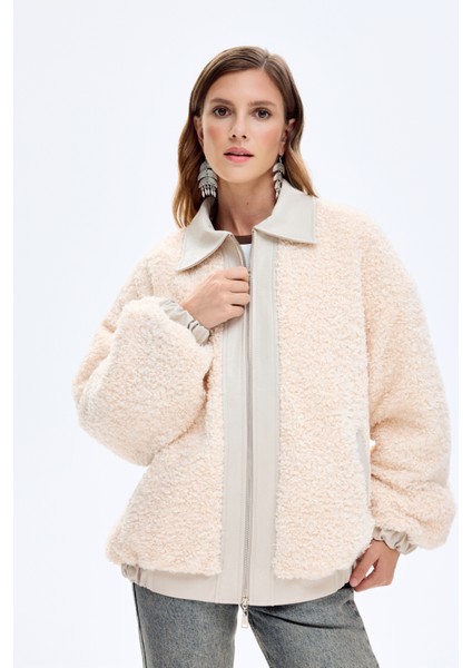 Deri Garnili Peluş Kısa Kaban Bej fiyatları