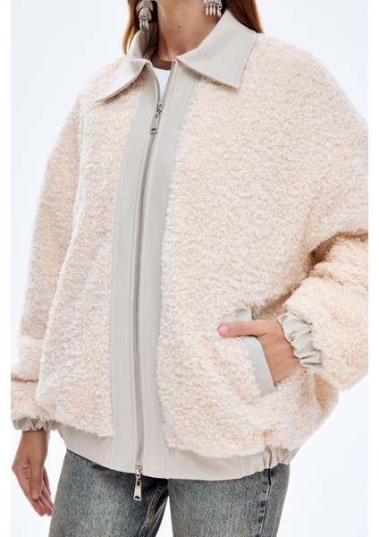 Deri Garnili Peluş Kısa Kaban Bej fırsatları