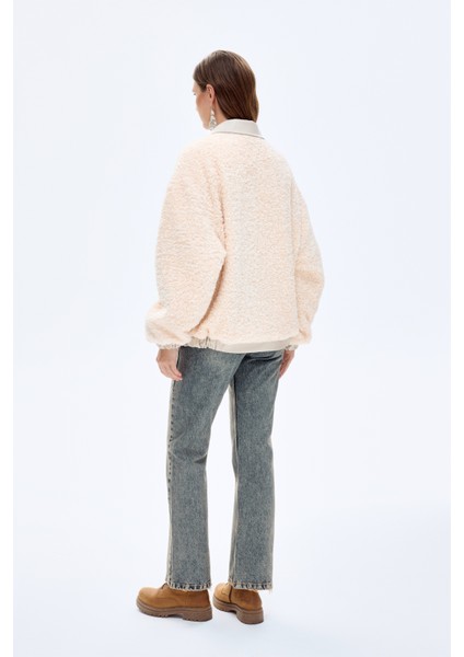 Deri Garnili Peluş Kısa Kaban Bej