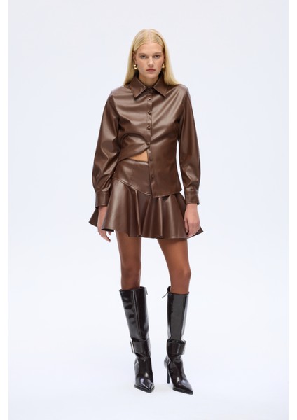 Volanlı Deri Mini Etek Kahverengi fiyatları