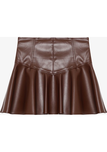 Volanlı Deri Mini Etek Kahverengi modelleri
