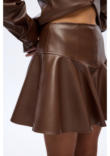 Volanlı Deri Mini Etek Kahverengi fırsatları