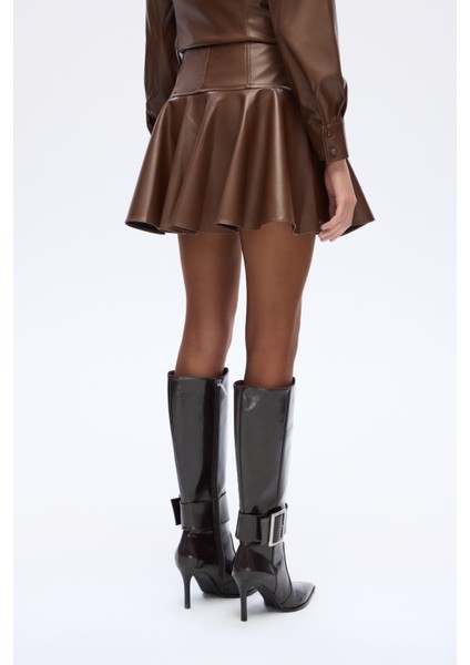 Volanlı Deri Mini Etek Kahverengi
