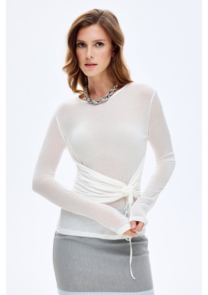 Yan Büzgülü Bağcıklı Transparan Bluz Ekru fiyatları