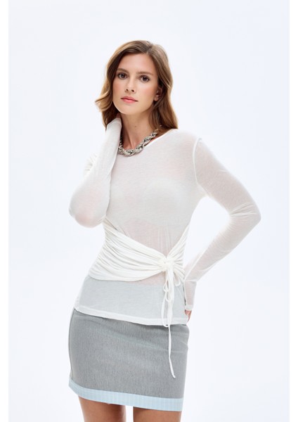 Yan Büzgülü Bağcıklı Transparan Bluz Ekru indirimleri