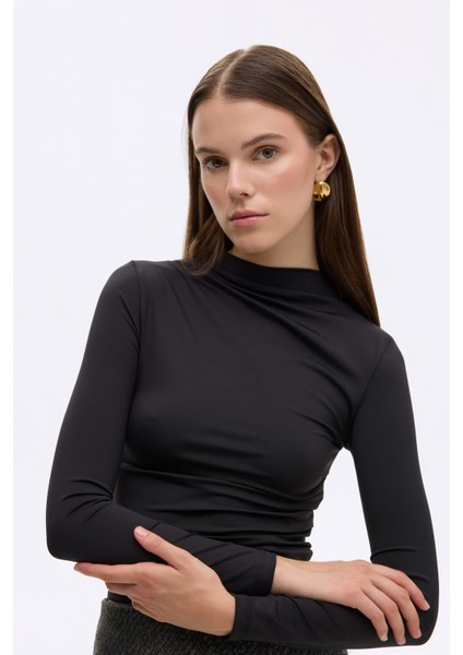 Drapeli Yüksek Yaka Uzun Kollu Basic Bluz Siyah