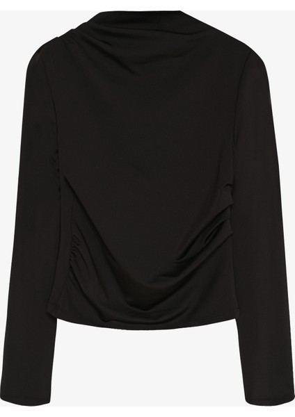 Drapeli Yüksek Yaka Uzun Kollu Basic Bluz Siyah