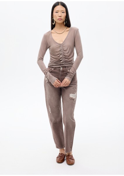 Önü Büzgülü V Yaka Transparan Bluz Vizon indirimleri