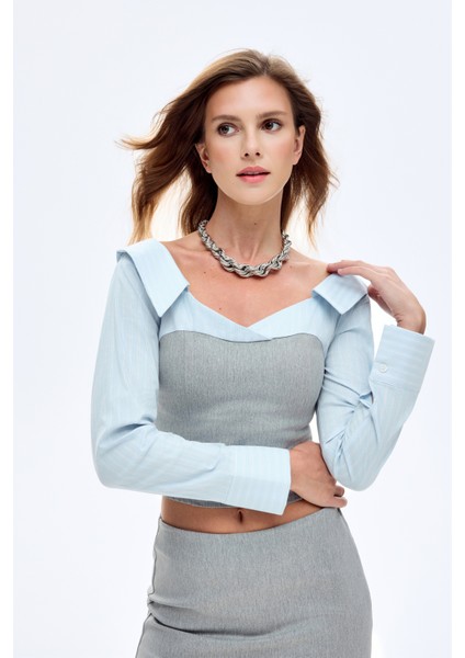 Kontrast Büstiyer Garnili Bluz Gri fırsatları