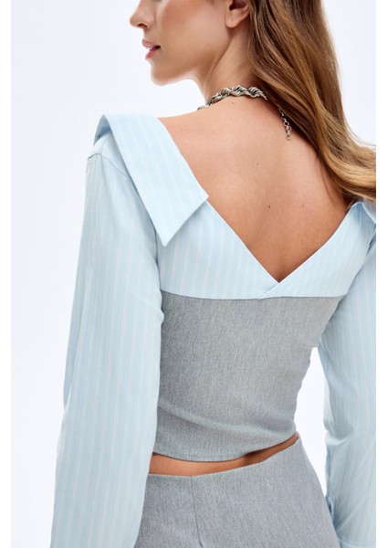 Kontrast Büstiyer Garnili Bluz Gri