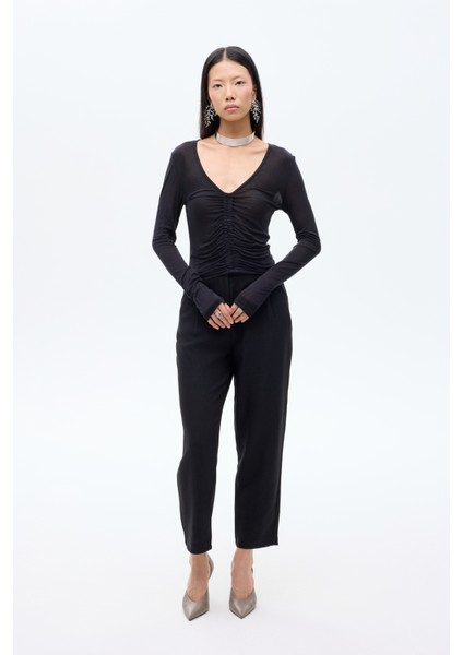 Önü Büzgülü V Yaka Transparan Bluz Siyah indirimleri