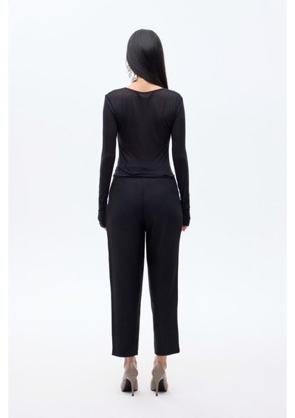 Önü Büzgülü V Yaka Transparan Bluz Siyah