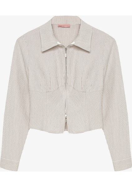 Klasik Yaka Önü Fermuarlı Dokulu Gömlek Ekru modelleri