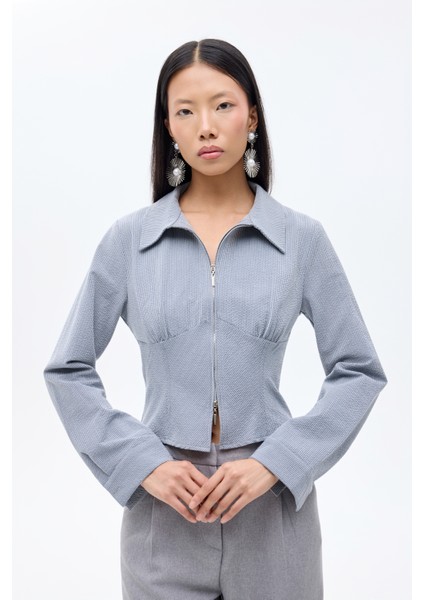 Klasik Yaka Önü Fermuarlı Dokulu Gömlek Gri fiyatları