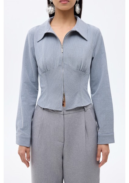 Klasik Yaka Önü Fermuarlı Dokulu Gömlek Gri indirimleri
