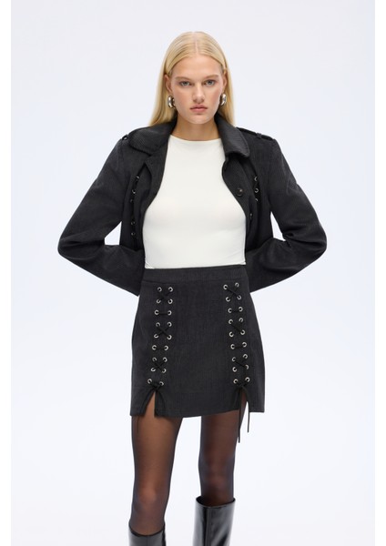 Bağcıklı Kadife Fitilli Mini Etek Siyah