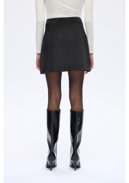Bağcıklı Kadife Fitilli Mini Etek Siyah