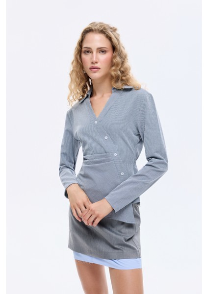 Asimetrik Düğmeli Drapeli Gömlek Gri