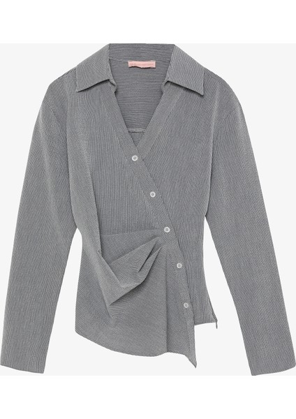 Asimetrik Düğmeli Drapeli Gömlek Gri