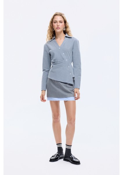 Asimetrik Düğmeli Drapeli Gömlek Gri