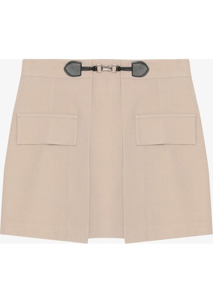 Toka Aksesuarlı Cepli Mini Etek Bej modelleri