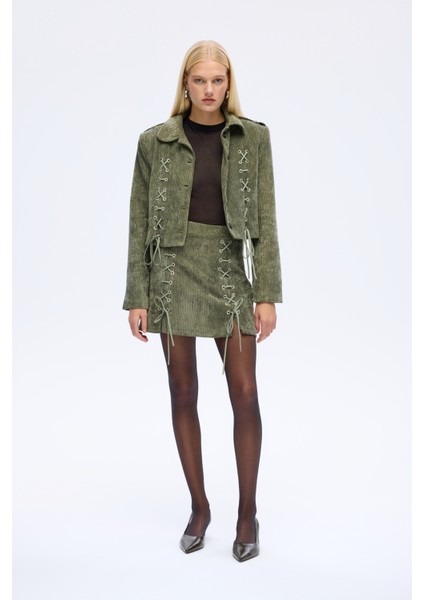 Bağcıklı Kadife Fitilli Mini Etek Haki fırsatları