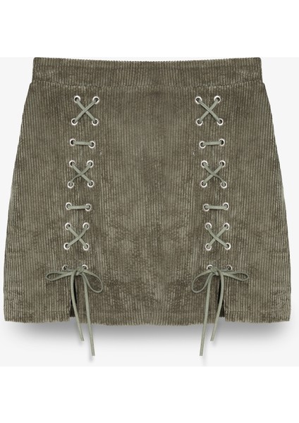 Bağcıklı Kadife Fitilli Mini Etek Haki indirimleri