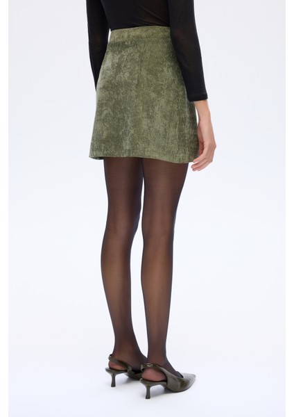 Bağcıklı Kadife Fitilli Mini Etek Haki