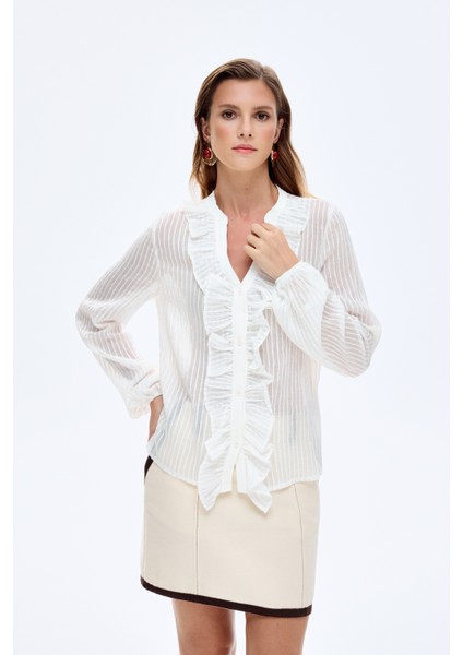 Fırfırlı V Yaka Transparan Gömlek Ekru fiyatları