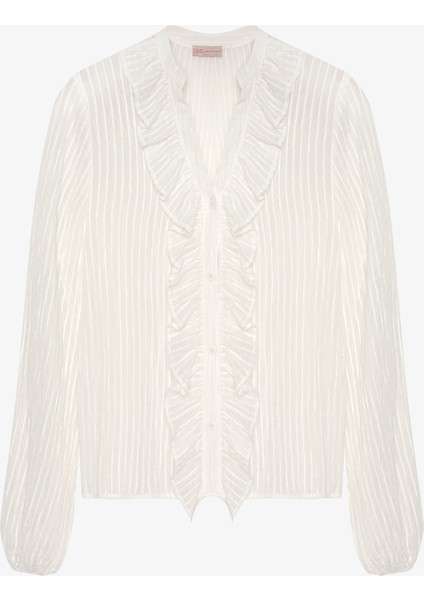 Fırfırlı V Yaka Transparan Gömlek Ekru modelleri