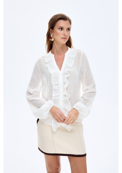 Fırfırlı V Yaka Transparan Gömlek Ekru fırsatları