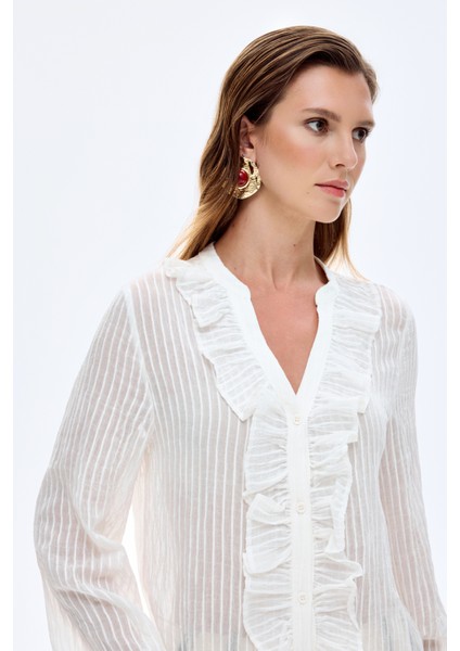 Fırfırlı V Yaka Transparan Gömlek Ekru indirimleri