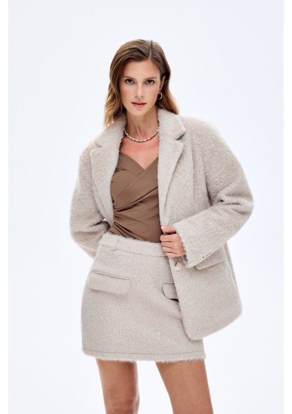 Cep Detaylı Tüylü Mini Etek Bej indirimleri